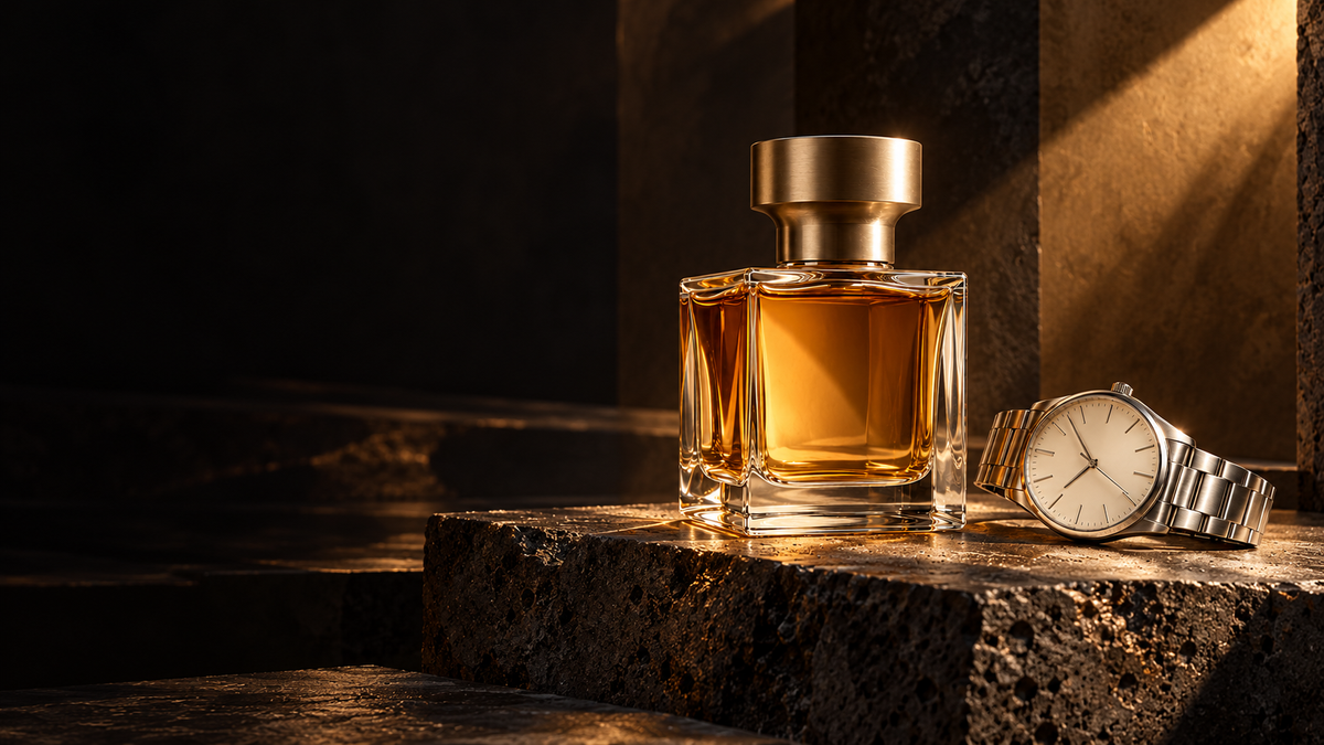 Editorial mood composition: an unbranded amber bottle and watch on dark stone