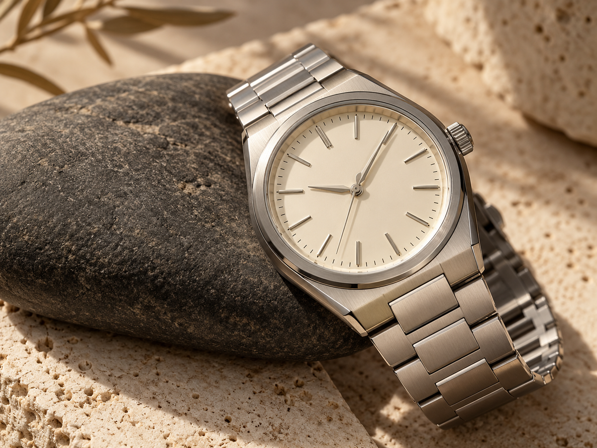 Editorial mood composition: an unbranded watch on dark stone
