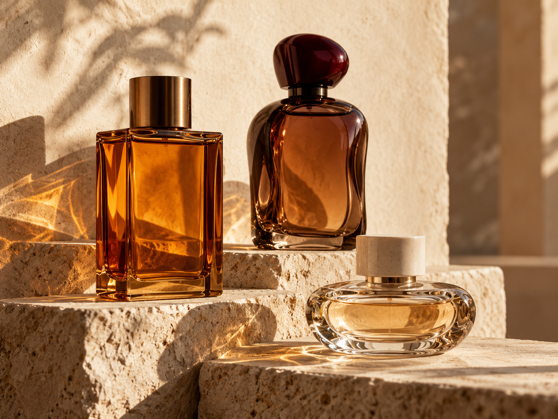 Editorial mood composition of unbranded perfume bottles in amber light